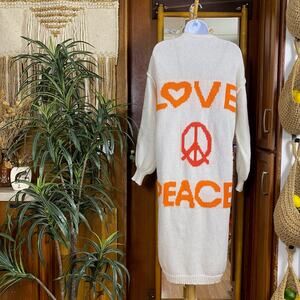 Peace Sign Duster Cardigan S White Orange Graphic Longline Boho Festival Knit